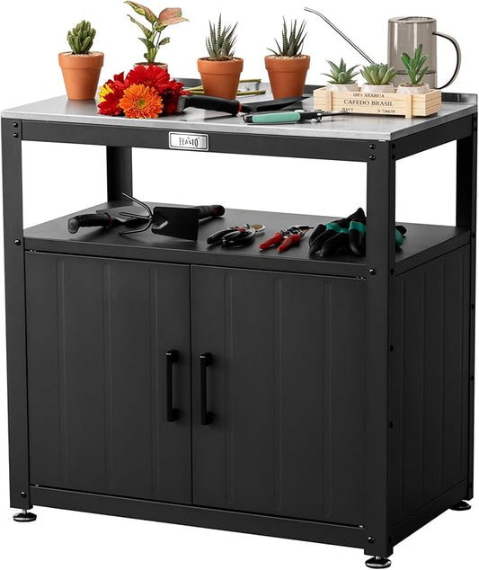 Garden Potting Bench with Storage, Outdoor Potting Table & Garden Work Bench for Plants, Horticulture, Outdoor Potting Station with Stainless Steel Tabletop, Outdoor Work Table