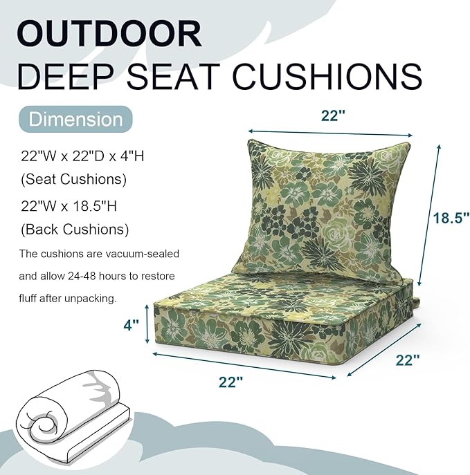 Outdoor Deep Seat Cushion Set, Water Repellent 22"x22" Patio Thick Cushions Replacement with Seat & Back Pillow for Patio Sofa, Wicker Chair, Couch - Green Rose