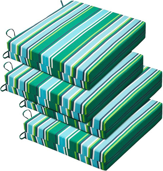Basic Beyond Outdoor Chair Cushions Set of 4, Square Corner Outdoor Cushions for Patio Furniture, Water Resistant Patio Chair Cushions with 2 Ties, 18.5x16x3, Pinstriped Green