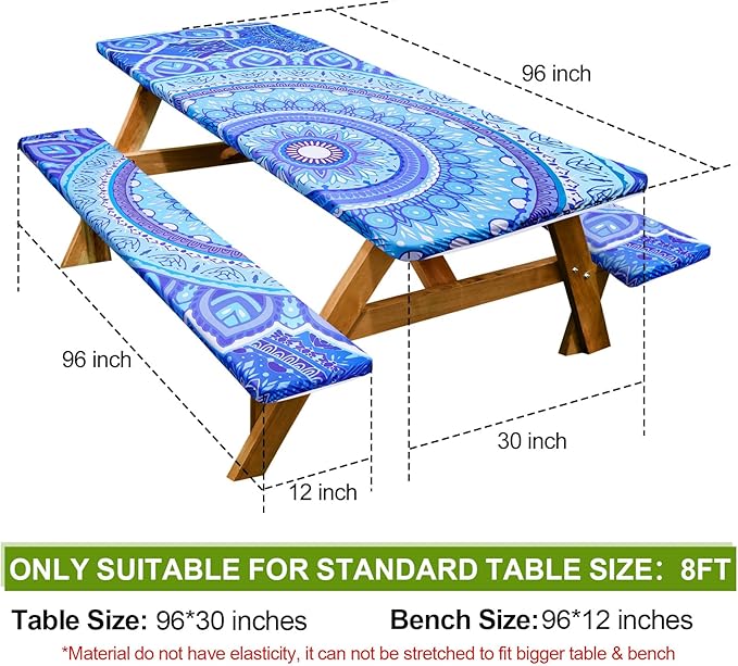 Picnic Table Cover with Bench Covers 6FT 3 Pcs Waterproof Windproof Aesthetic Camping Tablecloth with Drawstring Bag, Fitted for 6 Foot Rectangle Tables and Seats, 96in, Light Blue Purple