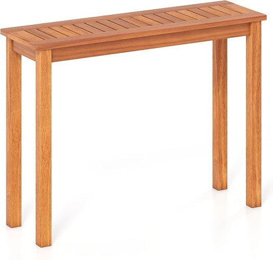 Tangkula Narrow Outdoor Dining Table, Solid Wood Furniture Patio Console Table with Slatted Tabletop, Wooden Buffet Bar Plant Stand for Garden Deck Entryway Porch Balcony