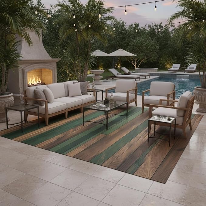 Waterproof Wood Grain Outdoor Rug 3x8 Green Brown Stripes Wooden Board Print Outdoor Area Rugs for Backyard Balcony Porch Patio Deck Washable Non Slip Farmhouse Indoor Outdoor Carpet Floor Mat