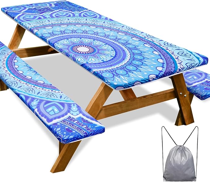 Picnic Table Cover with Bench Covers 6FT 3 Pcs Waterproof Windproof Aesthetic Camping Tablecloth with Drawstring Bag, Fitted for 6 Foot Rectangle Tables and Seats, 96in, Light Blue Purple