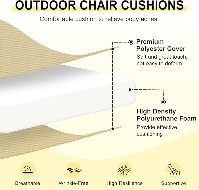 downluxe Outdoor Chair Cushions Set of 6 for Patio Furniture, Water-Resistant Square Corner Patio Chair Cushions with Ties, High Density Foam Outdoor Seat Cushion, 18.5" X 16" X 3", Khaki