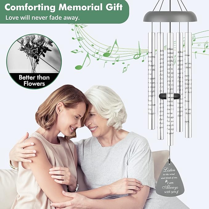 Sympathy Gift Wind Chimes for Outside - 36'' Large Memorial Gifts for Loss of Mother/Mom/Father/Dad, Bereavement Gift Ideas Windchimes Outdoors in Memory of Loved One, Condolence Remembrance, Gray