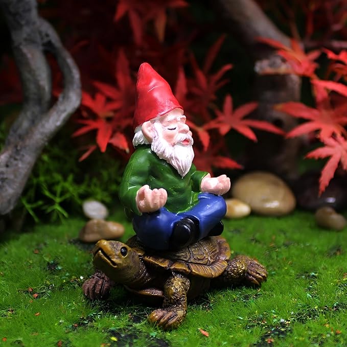Garden Gnome Meditating on Turtle Statue, Miniature Fairy Garden Decoration, Tiny Gnome Figurine Plant Pot Decor 3 x 2.6 x 2.2 inches