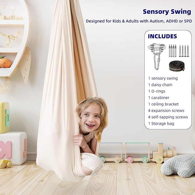 Sensory Swing Chairs for Kids, Indoor & Outdoor Hanging Therapy Cuddle Hammock Swing Seats for Child Teens with Autism, ADHD, Aspergers, Sensory Integration (Milky White(Hammock))