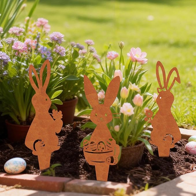 Easter Metal Bunny Garden Stake Outdoor 3 Pack Realistic Rust Rabbit Decorative Metal Garden Statues Stakes Yard Art Ornament Easter Bunny Stake Sign for Flowerbeds Planters Patios Lawn