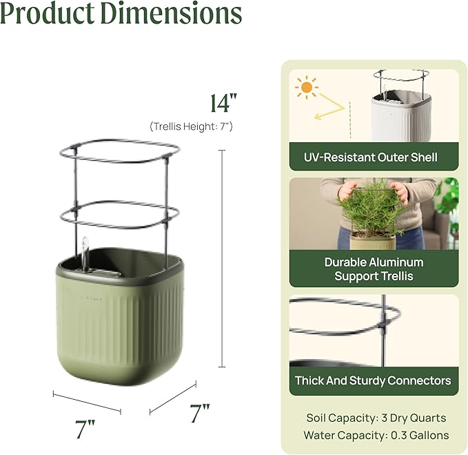 Vego garden Mini Planter Indoor Pots with Trellis Self-Watering Herb Countertop Planter for Climbing Vegetables Flowers Mint Plants Cage 2 Pack - Sage Green