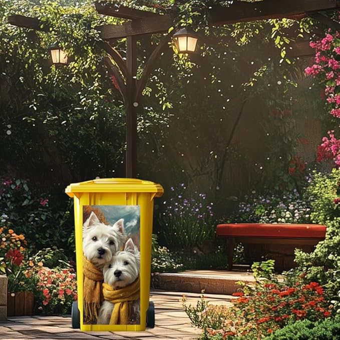 2PC Trash Can Sticker 14.57 x 32.28 Inch White Dog Design Autumn Scarf Theme Decorative Garbage Bin Cover Outdoor Trash Can Decal Art for Home Yard Garden Seasonal Decoration