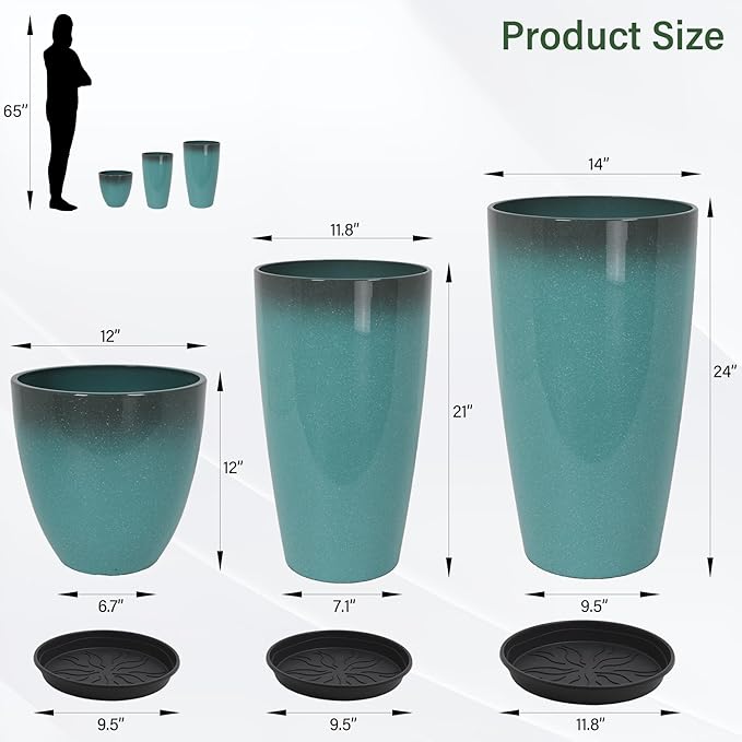 24/21/12 Inch Large Plastic Planter, Lightweight Ceramic-Look Tall Planters with Drain Hole & Saucers, Tall Plastic Planters for Porch, Garden, Patio, Balcony(Sky Blue)