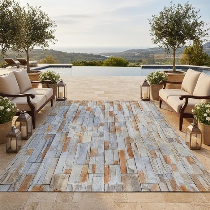 Gray Brown Irregular Sandstone Texture Outdoor Rug 6x9 Waterproof Stone Wall Print Outdoor Rug for Patio Deck Porch Balcony Backyard Camping Natural Rustic Farmhouse Non Slip Outside Carpet Mats