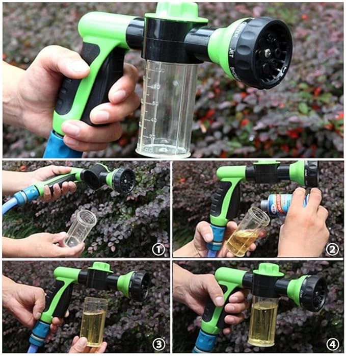 Multifunctional Car Wash Nozzle with Soap Dispenser - 8 in 1 High Pressure Garden Hose Nozzle - Car Foam Wash Gun - Black, Green, Transparent