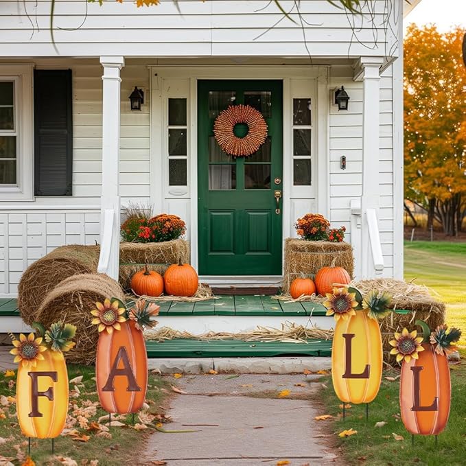 hogardeck Outdoor Fall Thanksgiving Decorations for Home, 4 PCS Metal Pumpkin Decorative Garden Stakes with Sunflowers for Fall Decorations, Yard Signs for Garden Home Lawn Patio