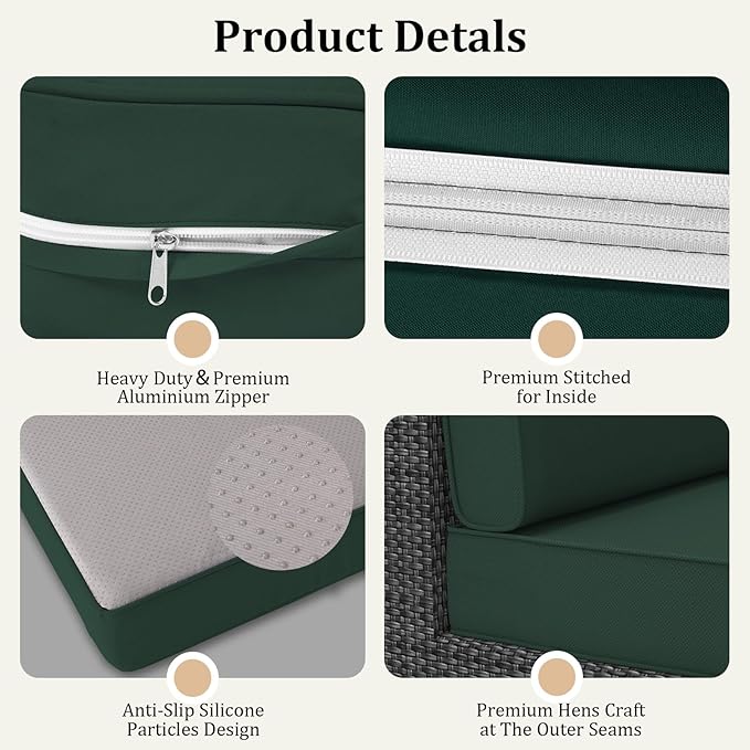 14 Pcs Outdoor Replacement Cushions for Patio Furniture, All Weather Water Resistant Cushion for 6 Seat Rattan Wicker Sectional Patio Conversation Sets and Couch (Dark Green)