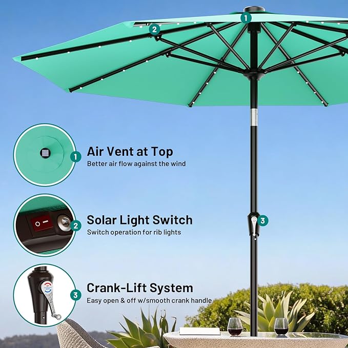 AreShark 9FT Patio Umbrella with Solar Lights, 32 LED Lighted Pool Umbrella w/Tilt and Crank, Outdoor Market Solar Umbrellas for Garden, Deck, Backyard, Pool and Beach, Cerulean