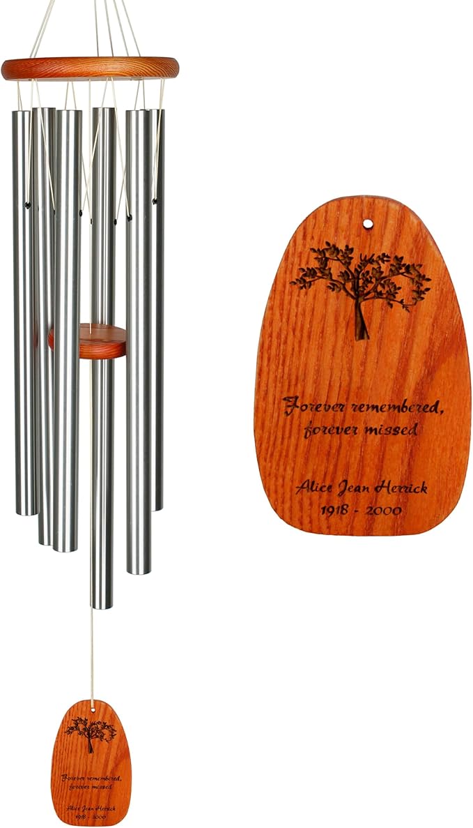 Woodstock Wind Chimes Personalized Tree of Life Amazing Grace Memorial Chime for Outside 40'' Large Silver Sympathy Customized Forever Inspirational Wind Chime for Outdoor Patio Home Garden Decor