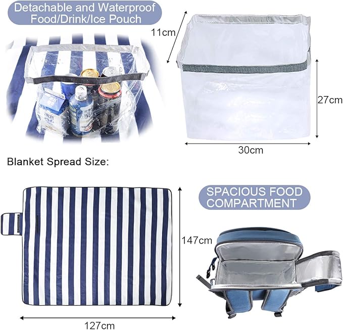 Sunflora Picnic Backpack for 4 Person Set Pack with Insulated Waterproof Pouch for Family Outdoor Camping(Blue & Stripe)