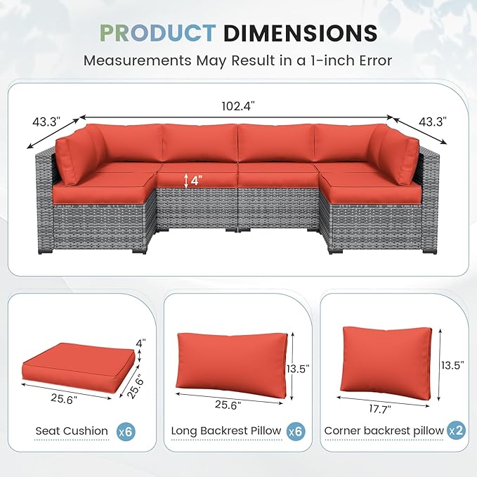 UDPATIO Replacement Cushions for Outdoor Furniture, 14 Piece Water-Repellent Cushions for 6 Seat Sectional Sofa, Orange Red