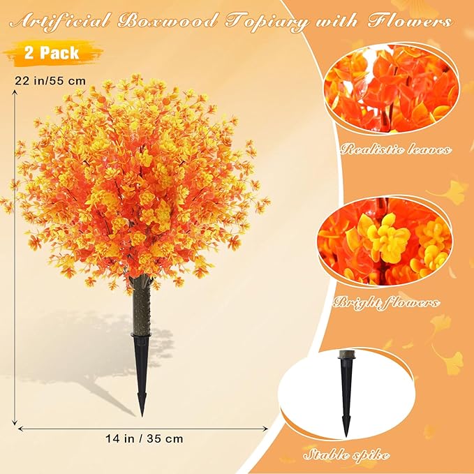 Yunlly 2 Pcs Outdoor Artificial Topiary Ball Trees 22" with Colorful Flowers, Boxwood Fake Bushes Shrubs with Spike, UV Resistant Evergreen Plants for Front Porch Garden Decor (Fall Orangeyellow)