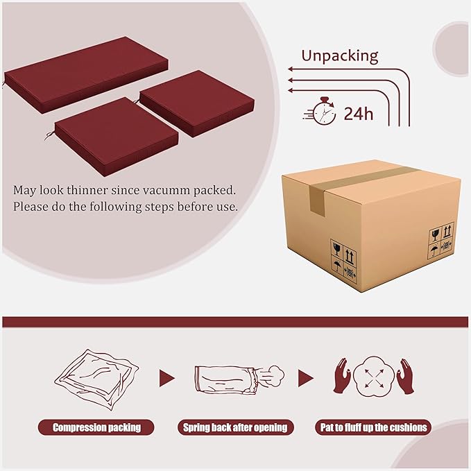 3 Pack Outdoor Replacement Cushions,36L x 18W x 3H,18L x 18W x 3H inch, High-Elastic Replacement Sponge for 4-Seater Water-Resistant Patio/Sofa with Removable Covers (Burgundy)