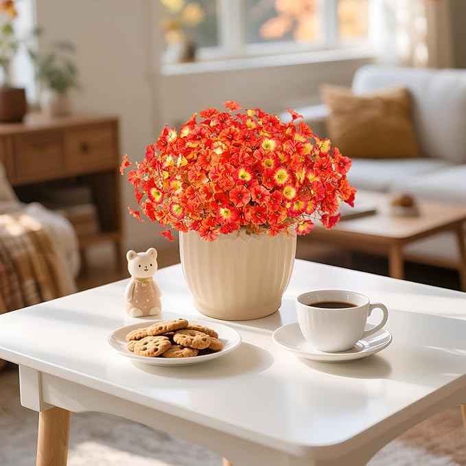 Fake Fall Flowers Artificial for Decoration, 12 Bundles Faux Plants Silk Orange Flowers Morning Glory Petunias Realistic UV Resistant for Outdoors Planter Porch Patio Window Box, Sunset
