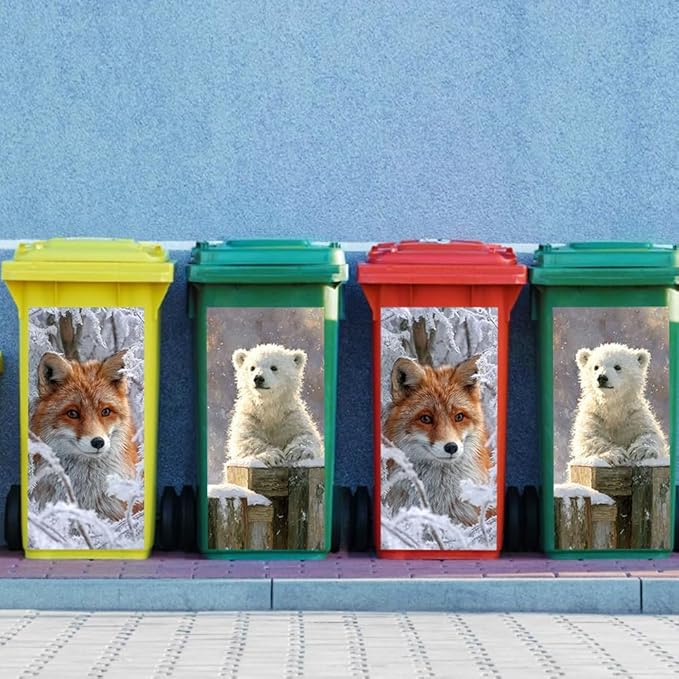 2PC Trash Can Sticker 14.57 x 32.28 Inch Polar Bear and Fox Design Winter Forest Theme Decorative Garbage Bin Cover Outdoor Trash Can Decal Art for Home Yard Garden Christmas Decoration