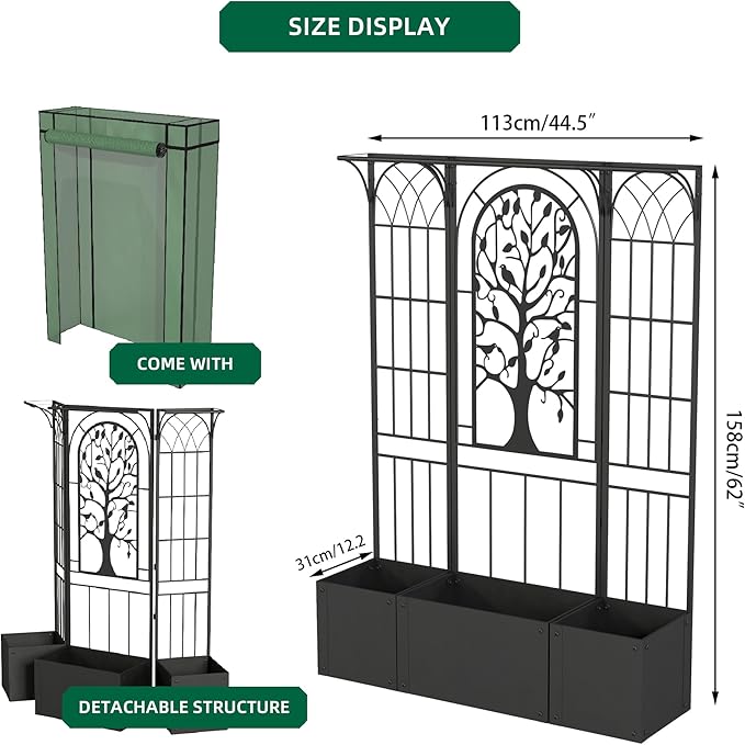Metal Planter Box with Greenhouse Cover, Raised Garden Bed with Trellis Privacy Screen, 62 inch Tall Planter Boxes for Climbing Plants, Flowers, Vegetables, Fruits, Balcony and Patio Decor (Black)