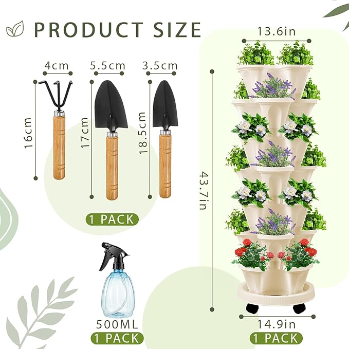 Umigy 1 Set Beige 7 Tier Vertical Planter Stackable Tower Planters Strawberry Herb Flower and Vegetable Pots Indoor Outdoor Gardening Pots with Removable Wheels and Tools