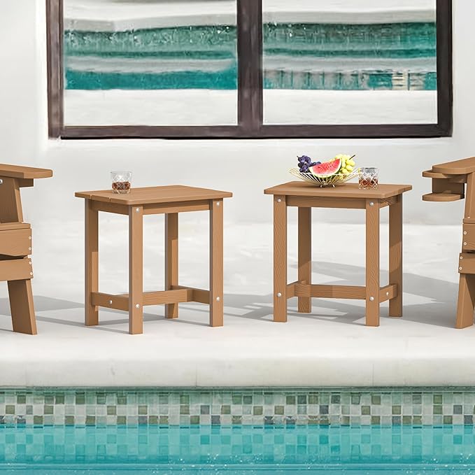 LUE BONA Outdoor Side Table Set of 2, HDPS Small Outdoor Table, Adirondack Side Table,Outside End Table for Patio, Porch, Pool, Weather Resistant/Easy Maintenance/Indoor or Outside Use, Teak Color