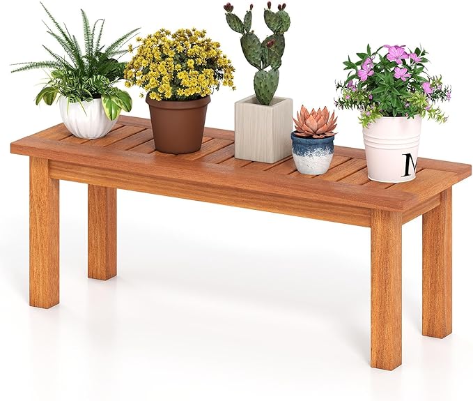 Byroce Outdoor Plant Stand, Indoor Solid Wood Plant Shelf with Slatted Top & Waterproof Finish, Potted Flower Holder Bench, Multi-use Planter Display Rack for Garden, Patio & Entryway (34” x 12” x 13”)