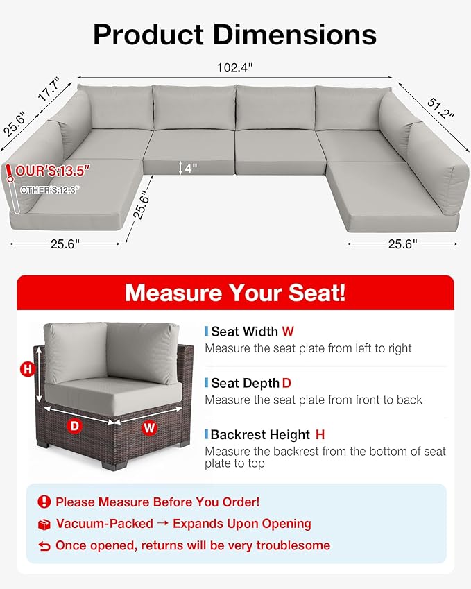 YEFU Outdoor Cushions for Patio Furniture: Replacement Cushions for Outdoor Furniture - Waterproof Couch Cushion - Fade-Resistant/Easy Clean - 14 Piece Sectional Cushion - Nonslip/Storage Bag/Grey