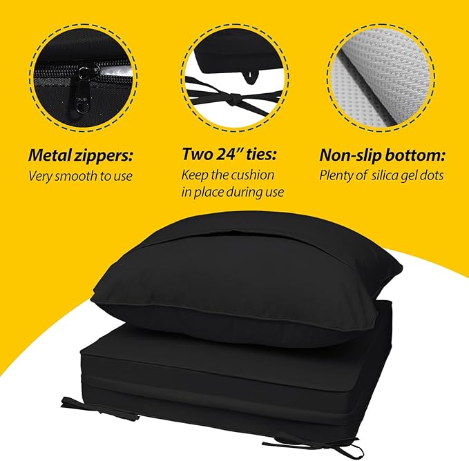 AAAAAcessories Outdoor Deep Seat Cushions, Waterproof, Fade-Resistant Patio Furniture Replacement Cushions, 25.5" x 25.5" x 5" + 25.5" x 19", Set of 4, Black