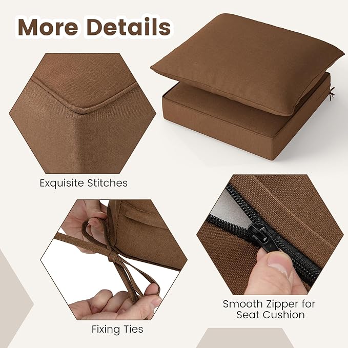 Giantex Patio Cushion Set, Outdoor Chair Seat Pads w/Non-Slip Rope Belts, Detachable Patio Furniture Cushions, Thick Seat Cushion & Back Cushion for Living Room Floor Sofa Patio Garden Chair (Brown)