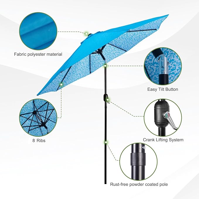 Backyard Expressions 9 ft. Patio Umbrella, Market Table Umbrella w/Tilt and Crank, 8 Ribs