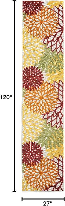 Nourison Home Aloha Indoor/Outdoor Red Multi Colored 2'3" x 10' Area Rug, Tropical, Botanical, Easy Cleaning, Non Shedding, Bed Room, Living Room, Dining Room, Deck, Backyard, Patio (2x10)
