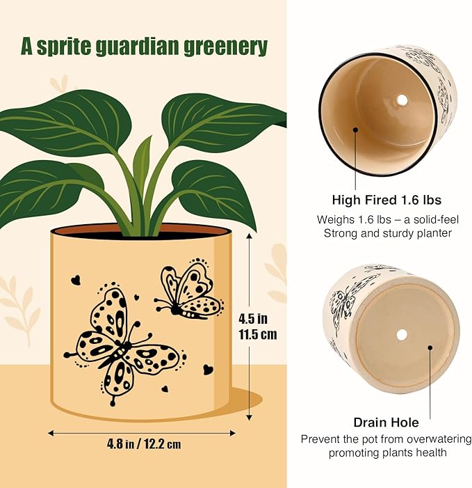 5 Inch Ceramic Plant Pots with Drainage Holes, Small Round Flower Pots for Indoor Plant, Unique Animal Flower Planters (Butterfly)