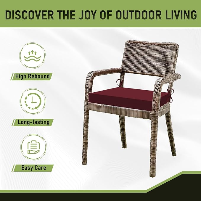Basic Beyond Outdoor Chair Cushions Set of 4, Square Corner Outdoor Cushions for Patio Furniture, Water Resistant Patio Chair Cushions with 2 Ties, 18.5x16x3, Burgundy