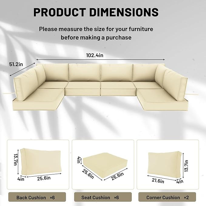14 Piece Outdoor Sectional Cushions, Water-Resistant Outdoor Sofa Cushions Replacement, 4" High Density Foam Patio Furniture Cushions Fits 6-seat Rattan Conversation Set (Beige)
