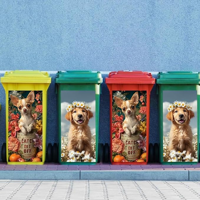 2PC Trash Can Sticker 14.57 x 32.28 Inch Cute Dog Design Floral Theme Decorative Garbage Bin Cover Outdoor Trash Can Decal Art for Home Yard Garden Pet Lovers Decoration