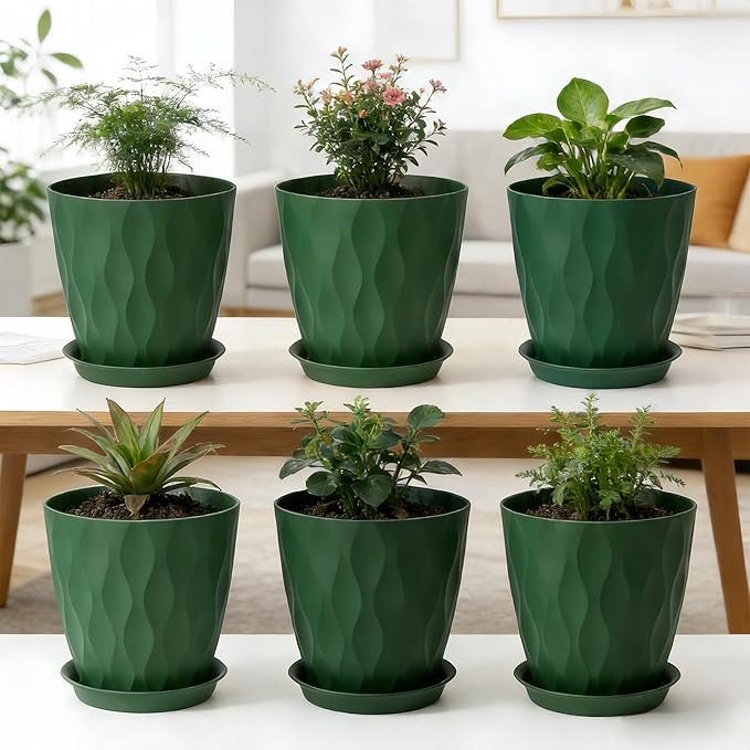 Plant Pots 8 Inch, 6 Pack Plastic Flower Pots for Indoor & Outdoor Plants, Planters with Drainage Holes and Saucer, Garden Pot for Plants (Deep Green)
