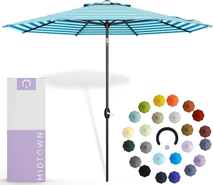 Midtown Umbrellas - 10-Year-No-Fade 10 Ft Patio Umbrella with Terylast Fabric, Auto-Tilt Aluminum Frame and 8 Reinforced Ribs for Deck, Pool, Garden & Beach - Blue/White Stripes Canopy, Black Pole