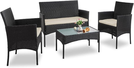 PROHIKER 4 Piece Outdoor Wicker Patio Conversation Furniture Set, Rattan Chair Wicker Sofa Garden Conversation Sets with Cushion and Glass Table for Yard Pool or Backyard, Black/Beige