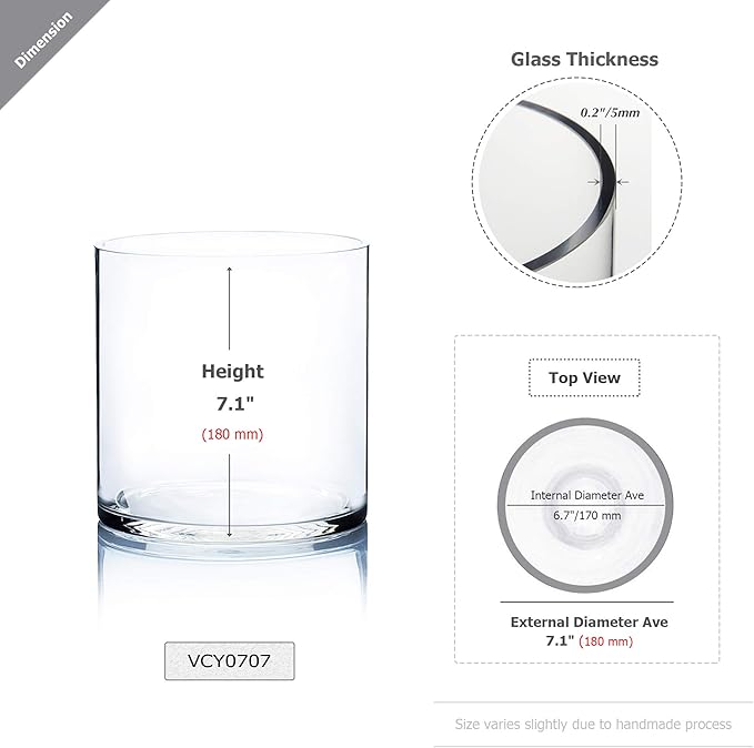 WGVI Thick Weighted Clear Right Cylinder Glass Vases, 7" W x 7" H, Equilateral Cylinder Glass Candle Holders Flower Arrangement Centerpieces Tabletop Storage Container Home Decor, 1 Piece