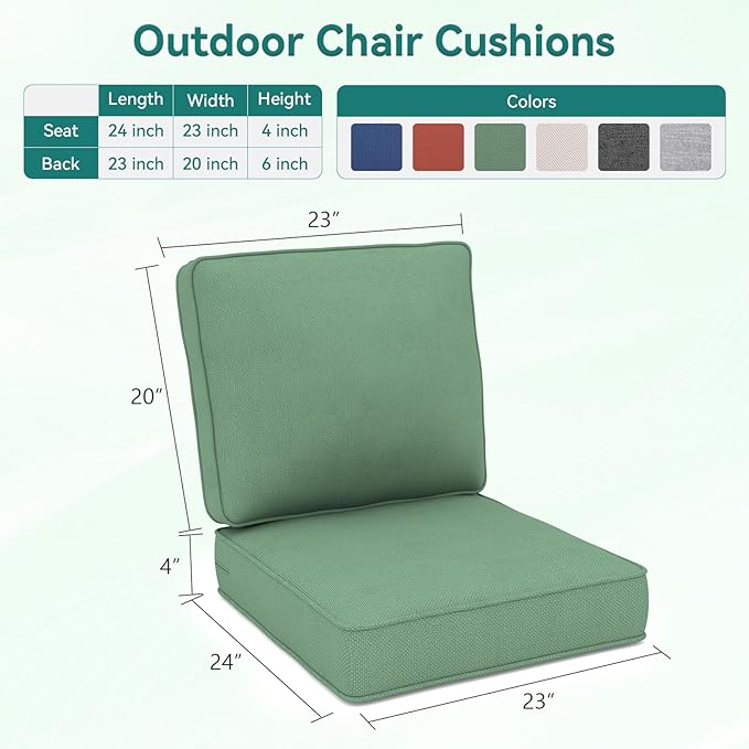 Outdoor Chair Cushions 23" x 24" x 4", Patio Deep Seat Replacement Cushions Set with Zippered Removable Cover, Weather-Resistant Olefin Fabric for Garden Chair Sofa Couch, Set of 4, Green