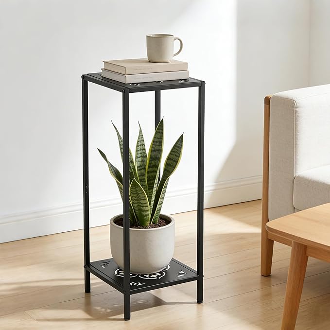 Party Zealot 2-Tier Tall Metal Square Plant Stand Heavy-Duty Modern Flower Pot Rack for Indoor Living Room, Corner Side Table for Outdoor Patio, Garden, and Balcony Black, 12" D x 31" H
