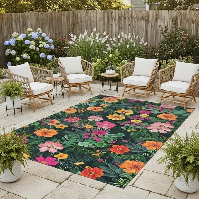 Botanical Floral Outdoor Rug 7x10 Dark Green Orange Pink Flower Texture Rugs for Patio Deck Porch Balcony Camping Waterproof Non Slip Garden Large Carpet Stain Resistant Washable Flowers Outside Mat