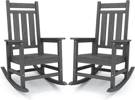 KINGYES Outdoor Rocking Chair Set of 2, All-Weather Patio Rocking Chairs for Porch, HDPE Rocking Outdoor Chairs with High Back for Adult, Heavy Duty Outdoor Patio Rockers for Garden, Lawn, Gray