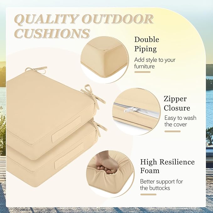 Waterproof Outdoor Chair Cushions Set of 2, Square Outdoor Seat Cushions with Ties and Removable Covers, 19 x 19 Outdoor Cushions for Patio Furniture with Portable Handle(Beige)