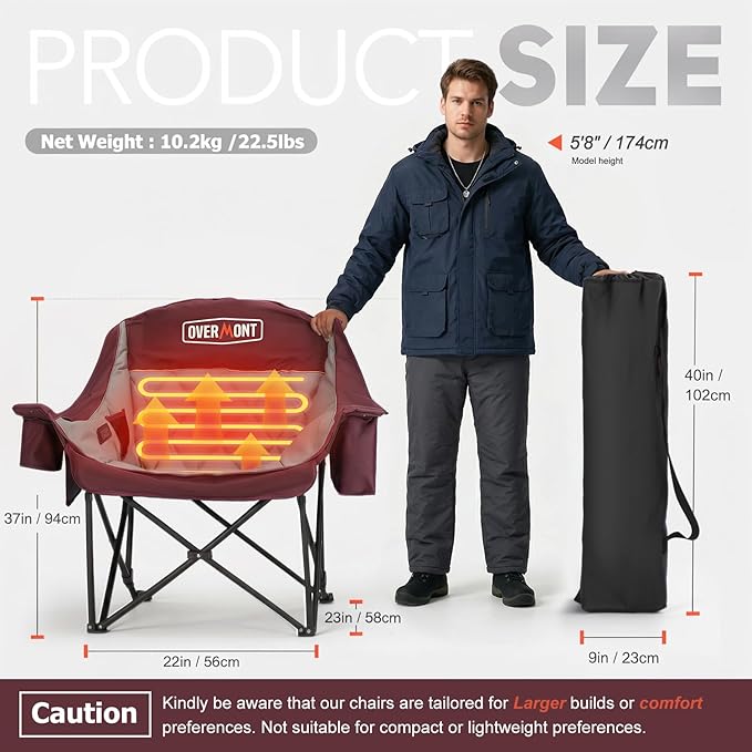 Overmont 2PCS Heated Oversized Camping Chair for Adults - 3 Heat Levels Seat & Back Separately Control - 400lbs Support Heavy Duty Padded Folding Chair Outdoor Garden Portable - Battery NOT Included